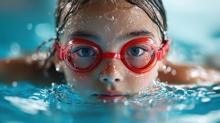 Naklejka premium An intense young swimmer, wearing red goggles, focuses on a swim as water glistens around, showcasing the thrill and dedication of youth in competitive swimming.