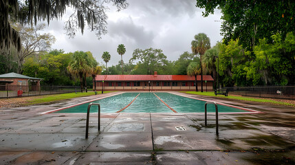 Outdoor Public Swimming Pool with Green Water Surrounded by Trees on Overcast Day