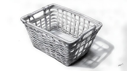 Obraz premium Empty Wicker Basket Drawing Hand Drawn Black and White Still Life Illustration Home Decor