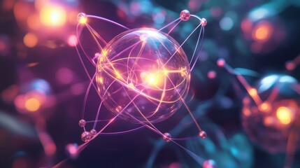 Medical science visualization of atoms and molecules interconnected by glowing lines and nodes.