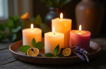 Candle arrangement with citrus and lavender on wooden tray for relaxation