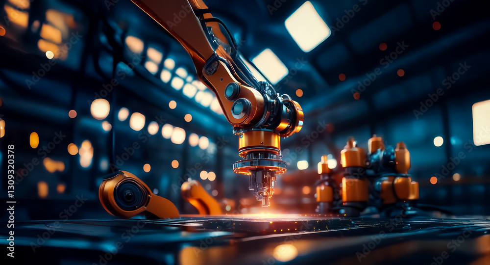 Fototapete A robotic arm operates in a dim industrial space. An orange machine with metallic components is performing a process with bright sparks in a factory environment.