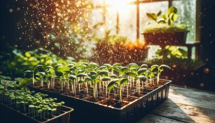 Growing seedlings in trays from seeds. Plants growing from seeds in a greenhouse. Photo of plants in the background - sunlight.