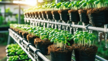 Growing seedlings in trays from seeds. Plants growing from seeds in a greenhouse. Photo of plants in the background - sunlight.