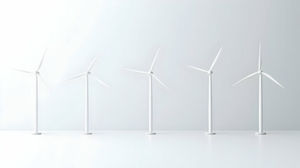 Five White Wind Turbines Standing Against White Background Showing Renewable Energy Concept