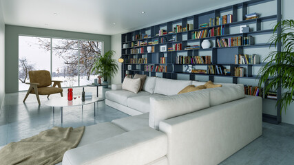 Large luxury modern bright interiors Living room mockup illustration 3D rendering image