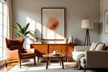A stylish modern mid-century living room with warm tones and minimalist decor  .