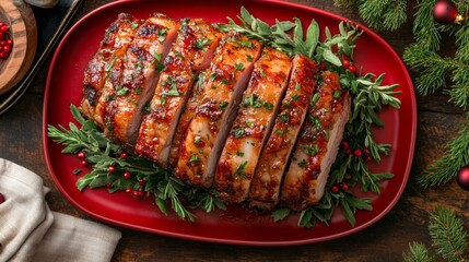 Glazed Roast Pork with Herbs on Red Plate for Christmas Dinner