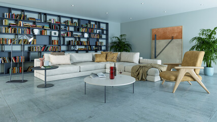 Large luxury modern bright interiors Living room mockup illustration 3D rendering image