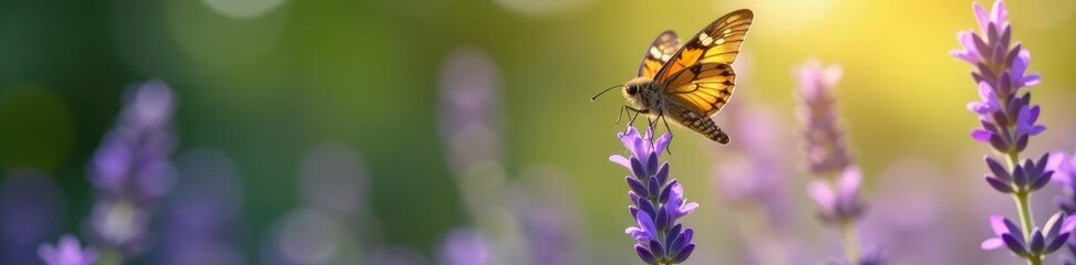 Obraz premium Hawk moth hovering above purple lavender flowers, pollen, insects, natural world