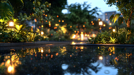 Nighttime Reflective Pavement With Glowing Lights And Lush Greenery In A Serene City Garden