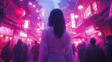 Woman in White Dress Walking Through a Neon Pink City at Night