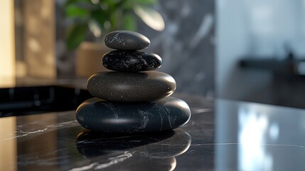 Stacked Dark Stones On Polished Black Surface
