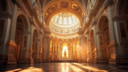 Fototapeta premium Sunlit church interior, golden rays, ornate architecture