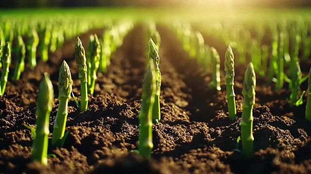 Asparagus Farm at Sunrise: Rows of vibrant green asparagus spears emerging from rich soil, bathed in the warm golden light of the morning sun.  A picturesque scene of agricultural abundance.