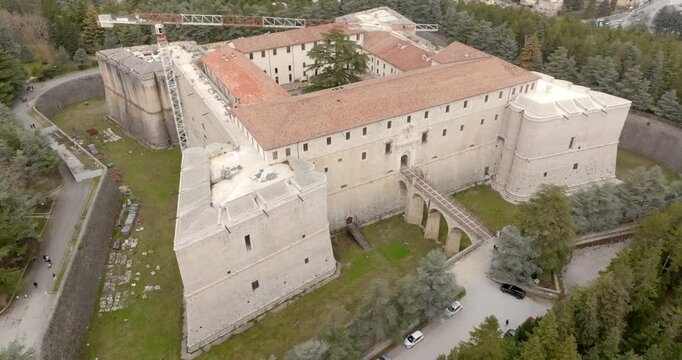 Aerial view of the Spanish Fort in the historic center of L'Aquila, Abruzzo, central Italy. The Spanish Fort is a medieval and quadrangular castle.