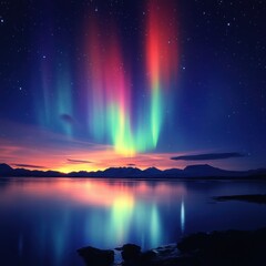 Aurora Borealis over Serene Lake and Mountains