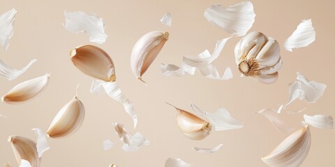 Garlic cloves flying with papery skin peeling on a soft beige background