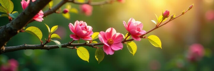 Obraz premium Les fleurs roses s'agitent dans les branches d'un arbre ensoleill?, d?coration int?rieure, verdure