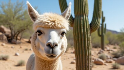 Obraz premium Close-up of a fluffy llama in desert landscape with cacti and rocks in background. Llama woolly texture and the arid environment create a unique contrast, perfect for travel, nature, wildlife themes.