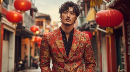 Obraz premium Portrait of an Asian Man in a Red Floral Jacket in a City Street at Night