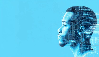 Obraz premium Technology and humanity merge in a digital portrait of a thoughtful young man against a blue background