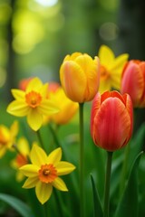 Fototapeta premium Vibrant tulips, daffodils burst on lush green , flora, closeup spring flowers, nature