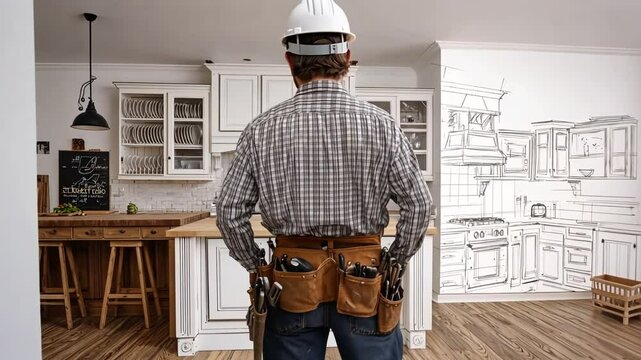 Contractor assessing kitchen renovation plans.  video shows a man in hardhat and tool belt, looking at a kitchen before & after sketch.