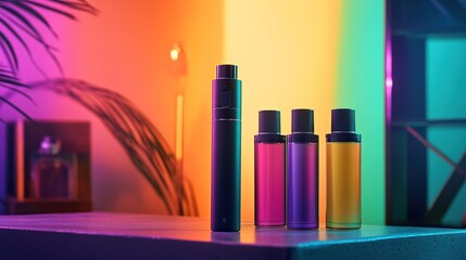 Fototapeta premium Vaporizer and Colorful Bottles in Vibrant Lighting