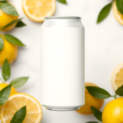 Blank aluminum can with a citrus background, featuring lemons, Perfect for branding mockups of beverages like soda, lemonades, or other citrus based drinks Refreshing