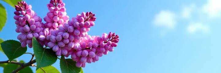 Lilac bush with blooming flowers under the clear sky, lilac, summer, blue