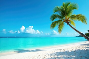 Fototapeta premium White sand, vibrant blue, solitary palm silhouette, peaceful, palm