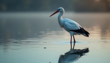Obraz premium White stork, tilted pose, dawn reflection, calm water, clouds, animal, nature
