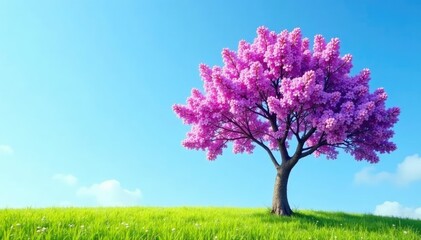 Naklejka premium Lilac magenta tree in full bloom against a clear blue sky, magenta, landscape, nature