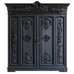 Carved dark wood wardrobe with ornate details and gold accents.