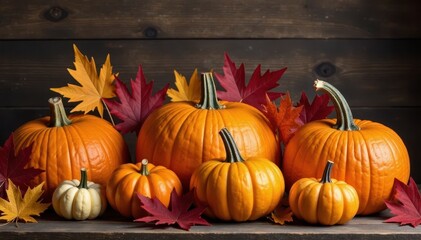 Pile of pumpkins and gourds with colorful maple & oak leaves Rustic wooden background , halloween, composition