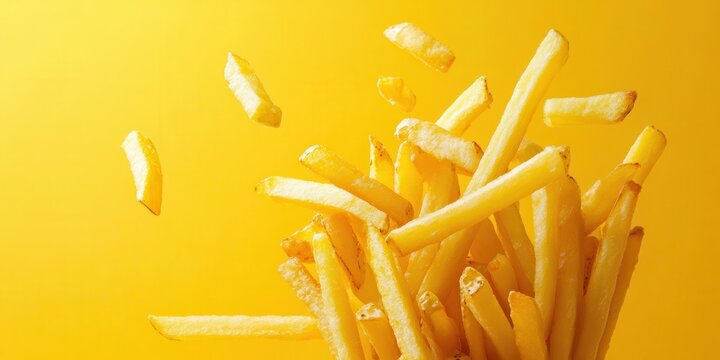 Golden crispy French fries bursting mid-air on a bold yellow background