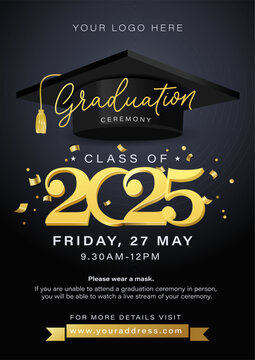 Congratulations graduates elegant banner or greeting card with gold confetti, lettering, graduation cap and diploma scroll. Graduation design for party, yearbook. Class of 2025 vector illustration.