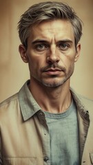Obraz premium Man Portrait Serious Mood Against Beige Backdrop