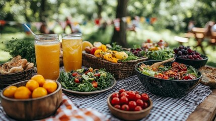 Festive Garden Picnic with Fresh Juices and Colorful Salads. Generative AI