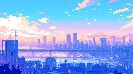 Fototapeta premium Retro Anime City Adventures, vibrant pixelated scenes of handheld gaming nostalgia, bold outlines, solid colors, celebrating childhood escapism and trading cartridges.
