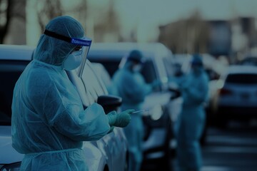 Healthcare Workers in Protective Gear at a Mobile Testing Site