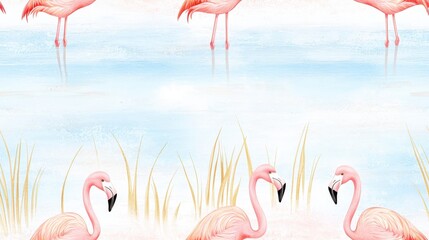Obraz premium Elegant Flamingos Standing Gracefully in a Serene Water Setting Surrounded by Gentle Grass and Soft Blue Sky