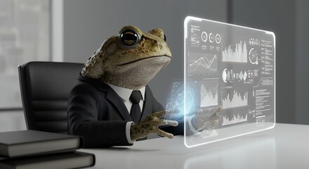 Anthropomorphic Frog Analyzing Data on Digital Display in Office Setting