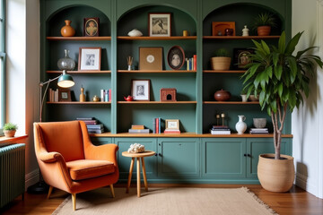 Fototapeta premium A stylish modern mid-century living room with warm tones and minimalist decor .