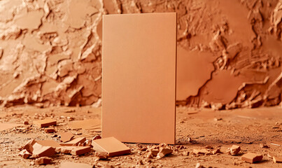 A blank terracotta panel mockup placed upright on a textured clay surface, with loose terracotta fragments scattered in the foreground.