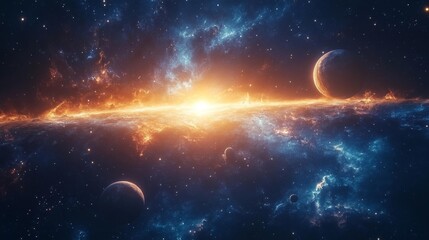 Obraz premium Nebula and Explosive Galaxy with Planets in Orbit. Generative AI