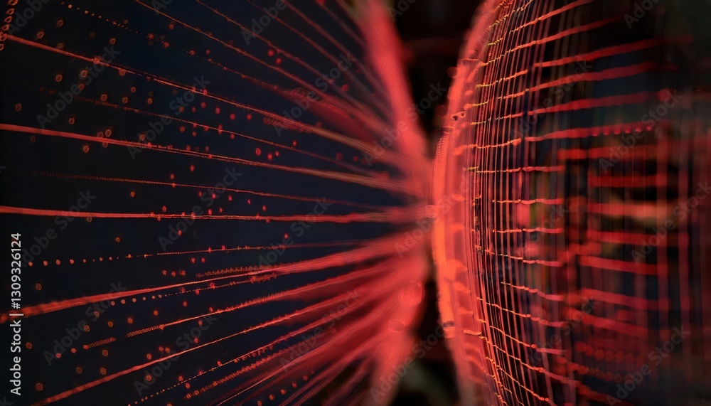 Poster abstract digital light burst with red fiber optic strands radiating from center against dark backgro