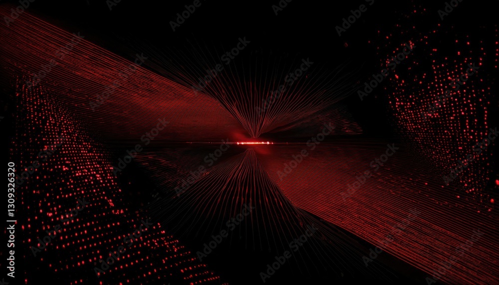 Poster long exposure abstract red light trail pattern with glowing arcs and grid lines against dark background, ideal for technology or futuristic design concepts

