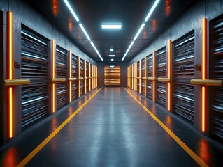 Obraz premium Well-organized material handling zone features clear pathways marked, equipment stored neatly, and gentle lighting enhancing visibility.